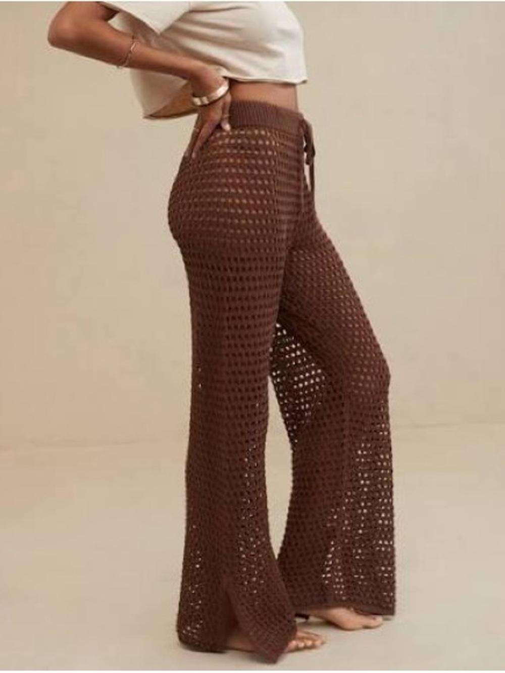 aerie Brown Crochet Wide-Leg Drawstring Pants